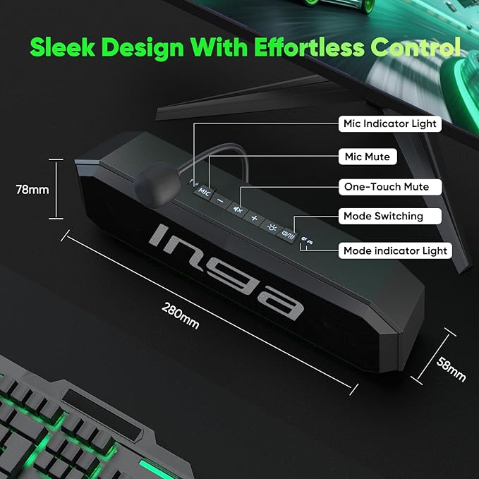 INGA Computer Speakers with Detachable Mic Plug-and-Play USB Soundbar with Dynamic Lighting Game/Music Modes Compatible with PC Laptop PS5 Mac