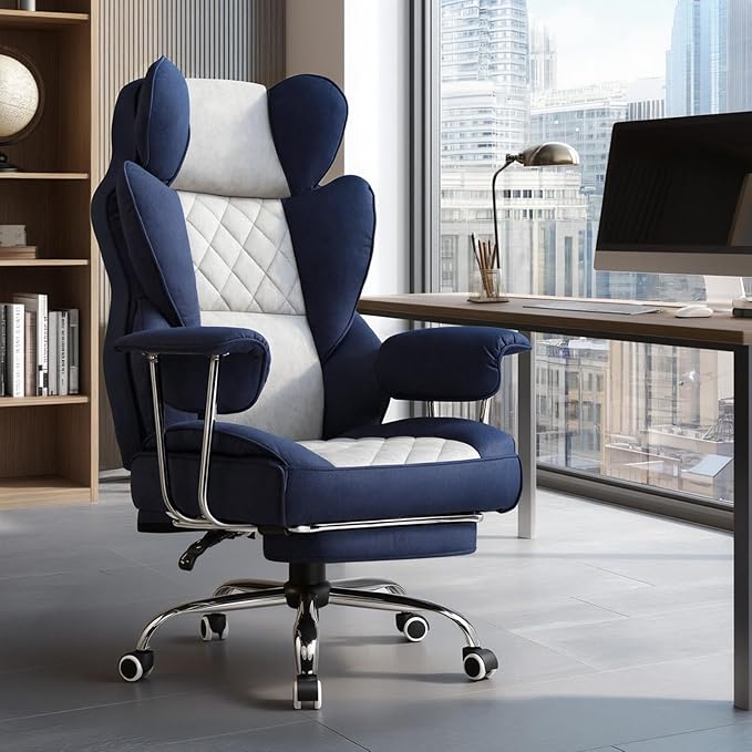 GTPLAYER Gaming ChairOffice Chair with Pocket Spring Lumbar Support Ergonomic Comfortable Wide Office Desk Computer Chair with Outward Fixed Soft Armrests and Footrest (Fabric Dark Blue &amp White