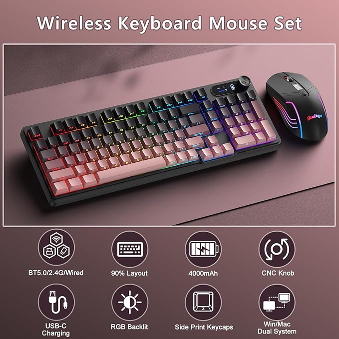 BlueFinger Wireless Gaming Keyboard and Mouse Combo RGB Backlit Tri-Mode Bluetooth/2.4G/USB-C Wired 98 Keys Quiet Keyboard with Number Pad Volume Knob &amp Screen 4800 DPI Mouse for PC/Mac/Lapto