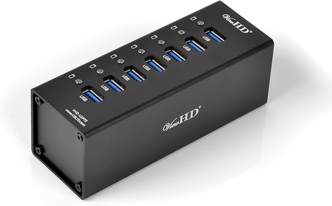 ViewHD Professional Premium Quality USB 3.0 7-Port Hub with On/Off Power Switch + 12V Power Adapter + USB Cable in Full Metal Case (Black) | Model: VHD-U3P7B