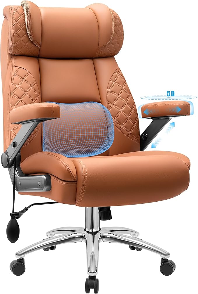 Office Chair 5D Flip Arm Ergonomic Desk Chair with Adjustable Lumbar Support for Back Pain Extra Wide 500LBS Comfy Big and Tall Office Chair Executive Leather Computer Game Chair for Heavy People