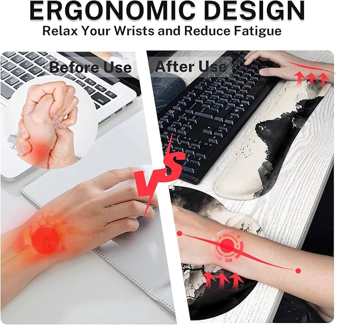 Britimes Black Ink Landscape Keyboard Mouse Pad Set 4in1 Large Mousepad+Keyboard Wrist Rest+Mouse Wrist Rest+Coaster Set with Ergonomic Design for Home Office Computer 35.4x15.7 inches