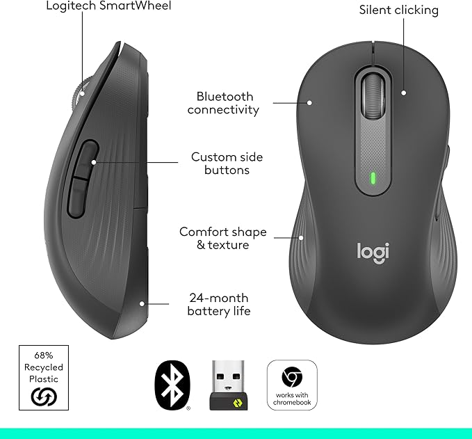 Logitech Left Handed Wireless Mouse Signature M650 L Full Size - 2 Year Battery Silent Clicks Customizable Buttons Bluetooth PC/Mac/Chromebook - Graphite Large