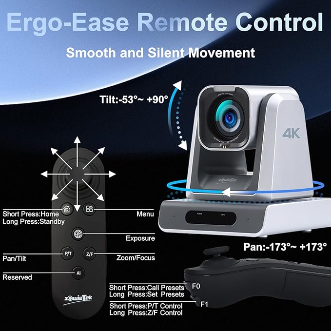 zowietek 4K PTZ Conference Camera ZowiePTZ Ergo-Ease Remote Control ZowieX APP Manager 18X Optical+12X Digital Zoom HDMI/USB RTSP/RTMP(s)/SRT Stream Meeting Church Event Teaching