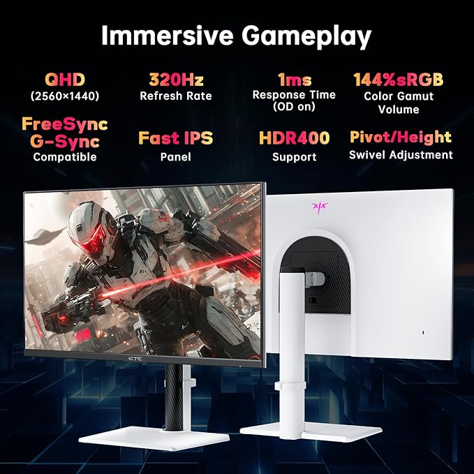 KTC 27 Inch White Gaming Monitor 300Hz/320Hz QHD 1440P Fast IPS Computer Monitor with Adaptive FreeSync HDR400 Height/Pivot/Swivel/Tilt Adjustable DP&ampHDMI(Renewed)