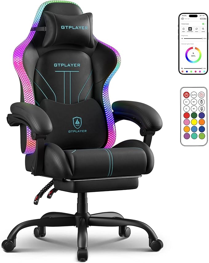 GTPLAYER Gaming Chair Computer Chair with RGB LED Lights High Back Ergonomic Chair for Adults with Footrest Reclining Office Chairs Linkage Armrest Blue