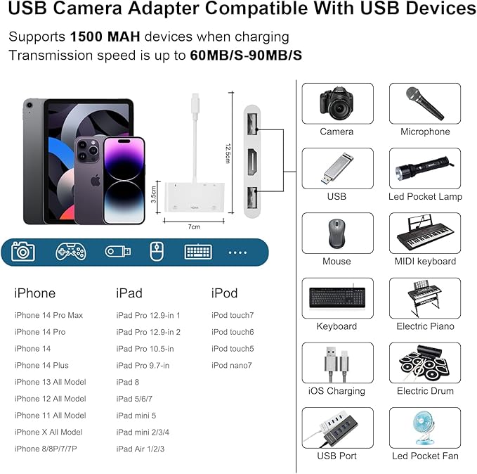 Lightning to HDMI Adapter with USB Camera and Charging Port SD Card Reader for iPhone 6 in 1 Camera Adapter to iPhone Supports MIDI Keyboard Mouse HD TV/Projector/Monitor Plug &amp Play