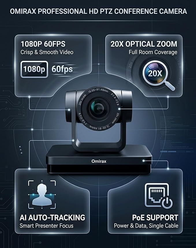 1080P PTZ Camera with AI Auto Tracking 20X Optical Zoom 3G-SDI/HDMI/USB3.0/IP/PoE RS232/RS422/RS485 Remote Included Professional Live Streaming Camera for Church &amp Conference