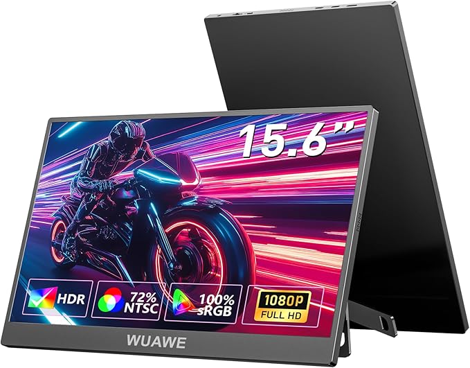 WUAWE 15.6 Inch Portable Monitor with Built-in Stand 1080P FHD 60Hz External Second Computer Monitor with Speaker HDMI USB-C for PC Mac Phone PS5 Switch Xbox PS4/5.