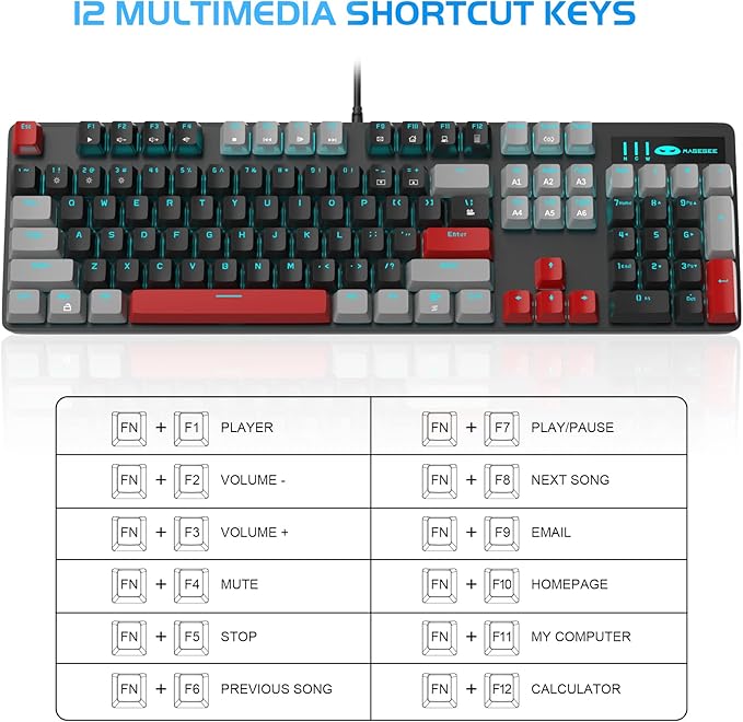MageGee Mechanical Gaming Keyboard 104 Keys Blue Backlit Keyboards with Red Switches Double-Shot Keycaps USB Wired Mechanical Computer Keyboard for Laptop Desktop PC Gamers(Gray &amp Black)