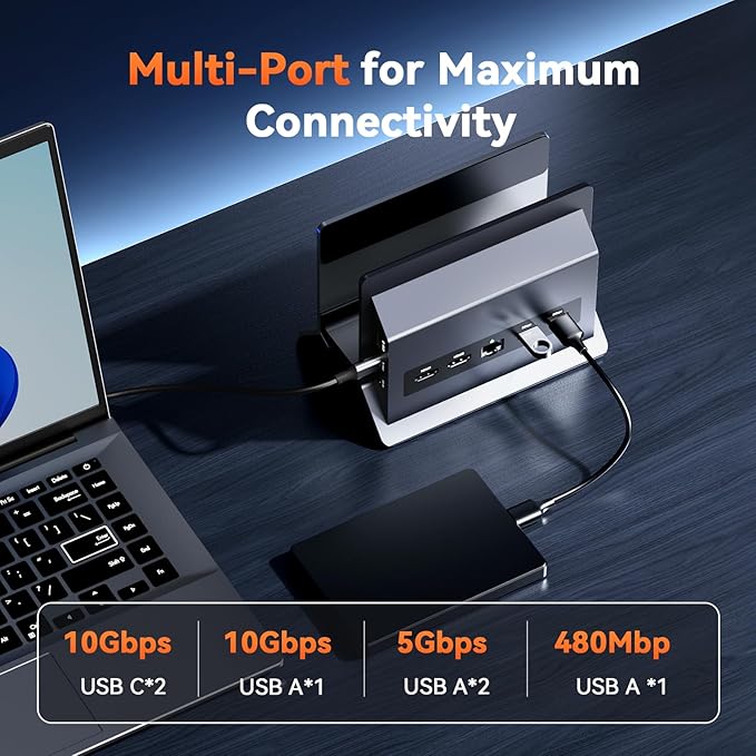 TobenONE Docking Station with Dual Monitor4K@60Hz 2 HDMI100W Power Supply PD 3.06 USBGigabit Ethernet Laptop Stand Verticallyfor WindowsChromeOS and More Space-Saving for Office/Home/Study