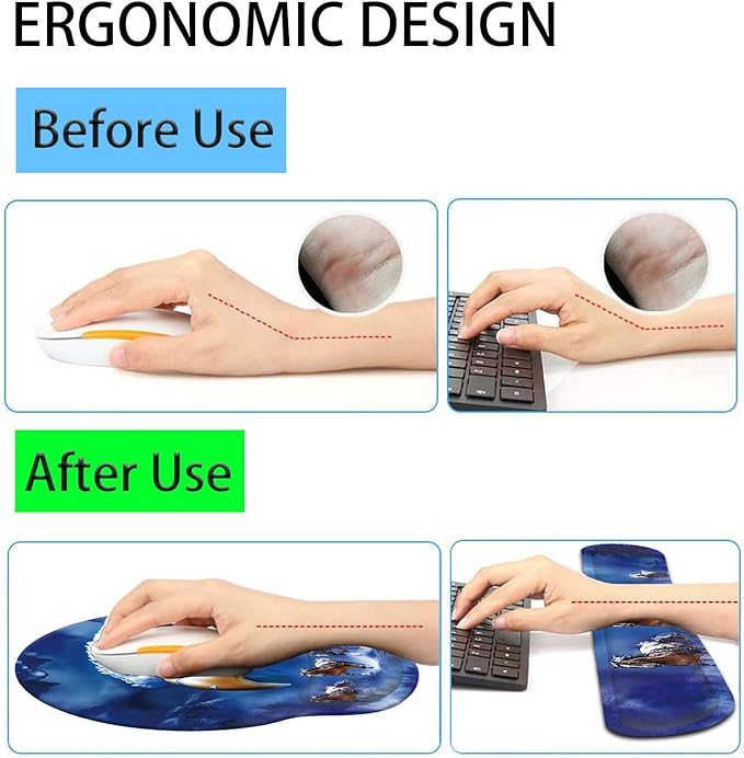 Keyboard Wrist Rest and Mouse Pad Wrist Support Set with CoastersErgonomic Gaming Mousepad for Home Office Working Studying Easy Typing &amp Pain ReliefEagle and Horse