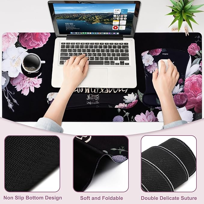 MEGREZ 4-in-1 Ergonomic Memory Foam Wrist Rest Set Desk Pad Mouse Pad with Wrist Rest Keyboard Pad Suitable for Office Workers Programmers &amp Gamers–Relieve Typing &amp Gaming Fatigue Black