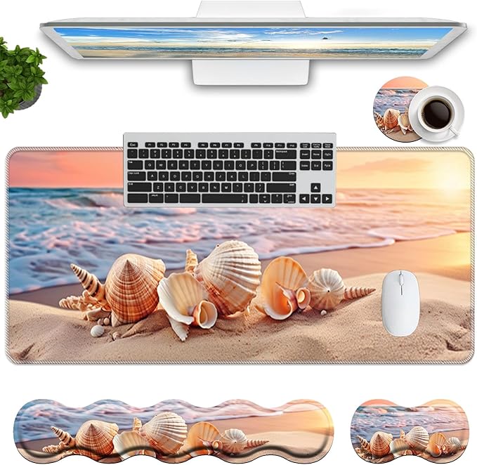 Keyboard Mouse Pad SetLarge Mouse Pad+Keyboard Wrist Rest+Wrist Support+Coaster31.5x11.8in Extended Desk Mat for Computer Laptop Office Home-Sandy Beach Shell