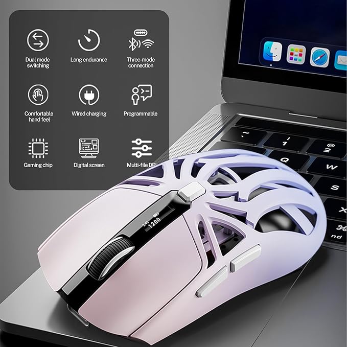 Wireless Gaming Mouse 10000 DPI Tri-Mode 2.4GHz/Bluetooth/Wired Mouse 6 Buttons Digital Display Silent Mice Rechargeable Customizable Macro and RGB Backlight for PC/Mac/Laptop (Purple)