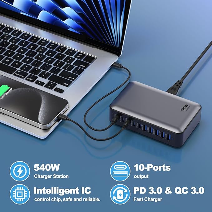 USB C Fast Charger Block USB Charging Station 540W PD 100W Laptop Charger GaN Charging Block 10 Port Multi Port Charer Hub Compatible with LaptopMacBookiPadiPhoneSamsung GalaxyDell