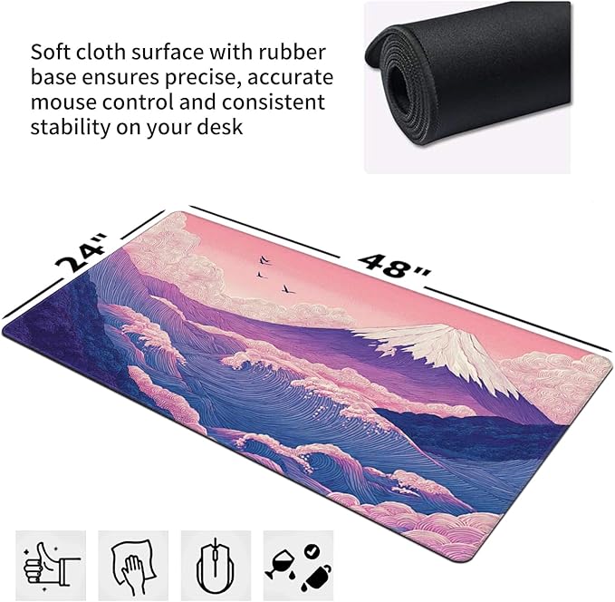 Japanese Mouse Pad with Stitched Edges Extra Large Desk Mat Gaming Mousepad XXXL Computer Keyboard Mat Waterproof Non-Slip Rubber Mice Pads for Office Desk Decor(Purple 48 x 24)
