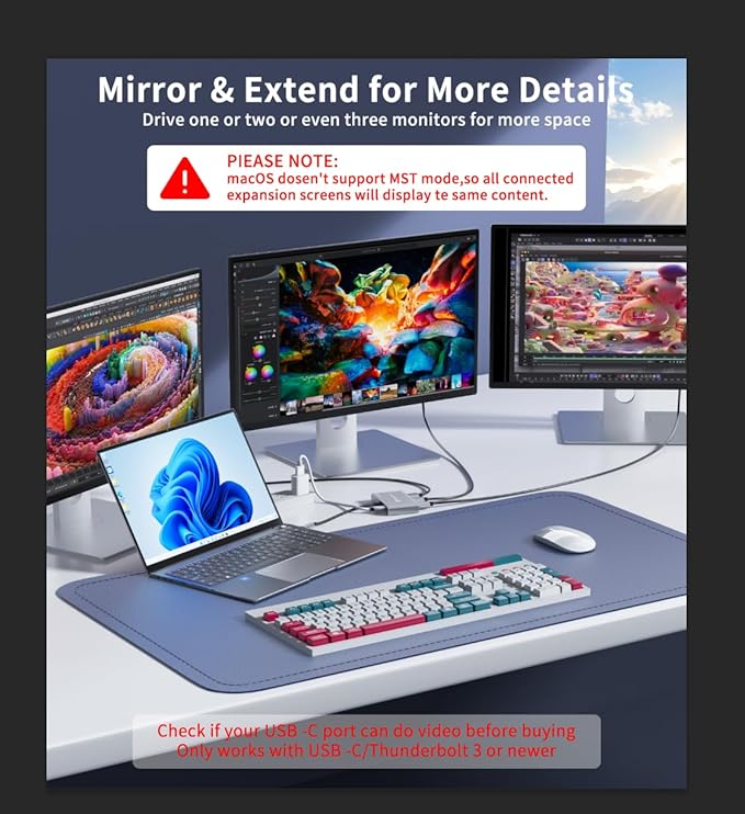 Reborn USB-C to Dual DisplayPort Adapter and 1 HDMI with 100W PD 4K@60Hz USB Type-C 1 in 3 Out Splitter Display Port Splitter for 3-Port USB-C Multi-Monitor Adapter with PC/macOS/Linux and More