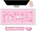 Desk Mat Pad Gaming Mouse Pad Wrist Support Set 4 in1 Non-Slip XXL Large Mousepad + Ergonomic Keyboard Wrist Rest+Mouse Wrist Rest+Coaster for Home Office Computer I Pink Kawaii Bow Bottle