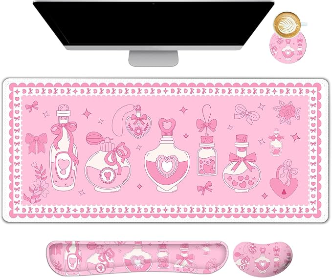Desk Mat Pad Gaming Mouse Pad Wrist Support Set 4 in1 Non-Slip XXL Large Mousepad + Ergonomic Keyboard Wrist Rest+Mouse Wrist Rest+Coaster for Home Office Computer I Pink Kawaii Bow Bottle