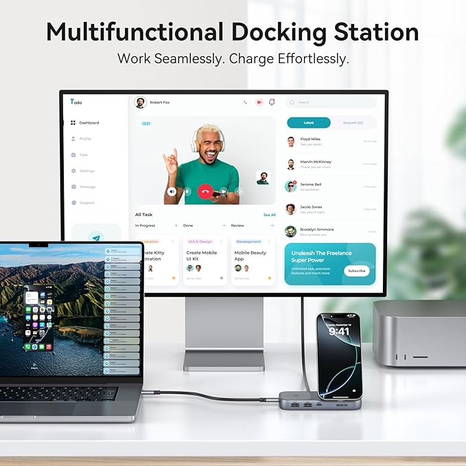 MOKiN USB C Hub with 15W Qi2 Wireless Charger Laptop Docking Station to 4K HDMI 100W PD 10Gbps Ports 15W+5W Wireless Charging Stand for iPhone 16/15/14/13 &amp Airpods USBC Dock for MacBook/Wind