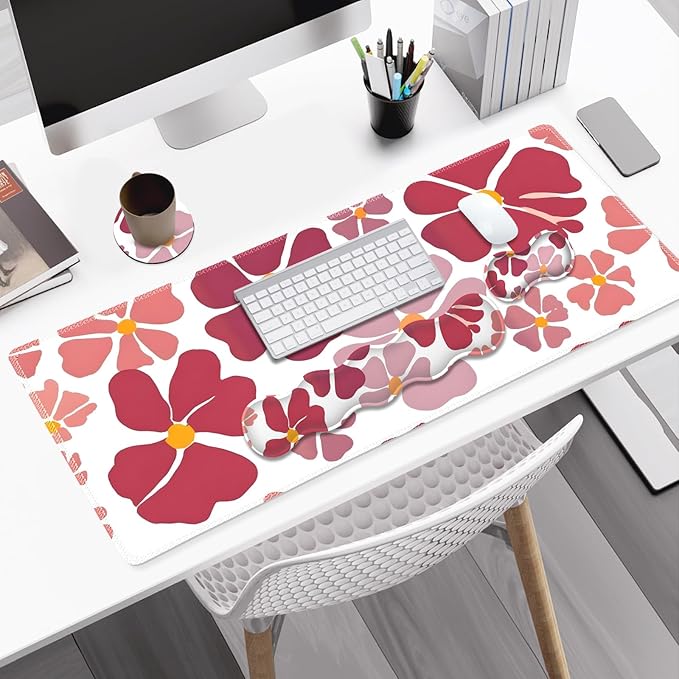 Desk Mat Gaming Mouse Pad Cute Desk Matt Keyboard Wrist Rest for Desktop Anti-Slip Mousepad w/Stitched Edges XXL Large Mouse Pad with Wrist Support for Desk Computer I Burgundy Lucky Flower