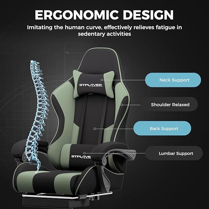 GTPLAYER Gaming Chair Computer Chair with Footrest and Lumbar Support Height Adjustable Game Chair with 360°-Swivel Seat and Headrest and for Office or Gaming (Green Fabric)