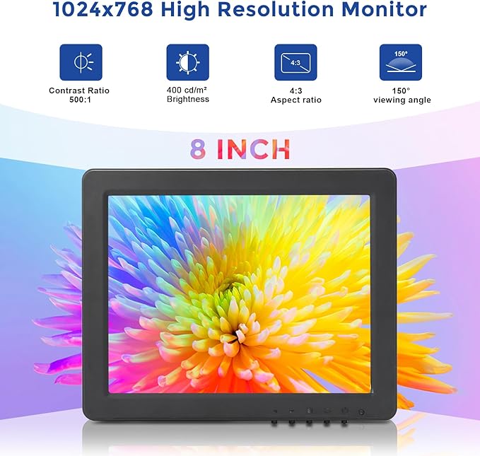 OSCY 8 Inch Small Monitor 4:3 HDMI Monitor 1024x768 Support HDMI/VGA/AV/BNC Input with Remote Control &amp Built-in Speakers Mini Color Screen Display for Computer TV Raspi CCTV Camera Car