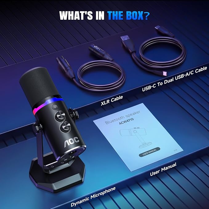 AOC USB/XLR Dynamic MicrophonePC Gaming Mic with RGB LightPodcast Mic for Recording Streaming Vocal &amp Singing with Mute Button 3.5mm Headphone JackDesktop Stand (XLR Cable Included)