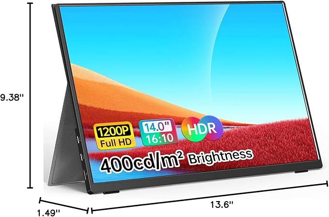 WGK Portable Monitor 14 Inch FHD1200P Ultra-Slim for Laptop Monitor USB-C HDMI Plug&ampPlay100% SRGB External monitoDual Speakers Extender Display. with Stand for LaptopPC Phone Xbox PS4/5