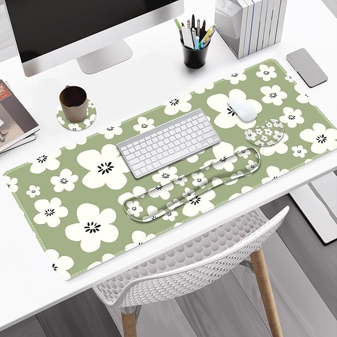 Large Gaming Mouse Pad Set 4 in1 Ergonomics Keyboard Desk Mat w/Memory Foam Wrist Rest Computer Extended Game Mousepad Non-Slip Desk Matt Pad Easy Typing Pain Relief I Green Lucky Florals