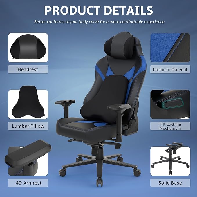 Ergonomic Gaming Chair Computer Desk Chairs 4D Armrests High Back Office Chair with Headrest &amp Lumbar Pillow Tilt Rocker Recliner Heavy-Duty Base Black PU Leather &amp Blue Suede Combo