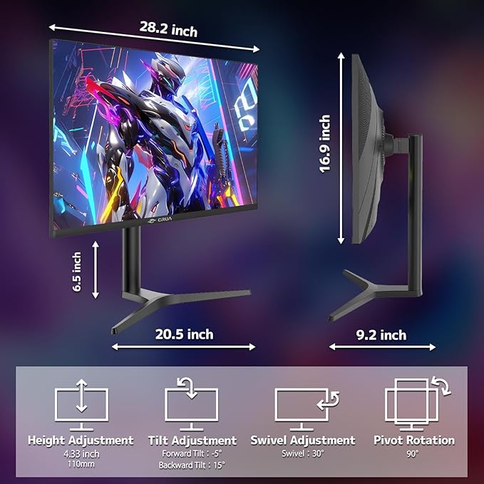 CRUA 32'' 4K Gaming Monitor 160Hz UHD 3840x2160 IPS Screen Height/Pivot/Swivel/Tilt Adjustable Vertical Monitor Support FreeSync Built-in Speakers 120% sRGB PIP/PBP HDMI 2.0 &amp DP 1.4-Black