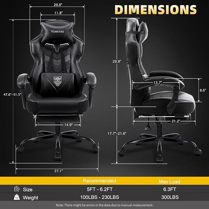Vonesse Gaming Chair High Back Office Chair with Footrest and Massage Gaming Chairs for Adults with Pocket Spring Cushion Big and Tall Reclining Computer Chair with Lumbar Support (Classic Black)