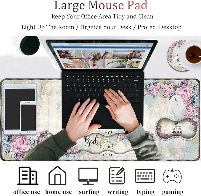4 in 1 Mouse Pad Combo Large Gaming Mouse Pad + Keyboard Wrist Support + Mouse Wrist Rest + Coaster Table Pad with Stitched Edge Memory Foam Ergonomic Wrist Pad Set Psalm 46:5 Floral
