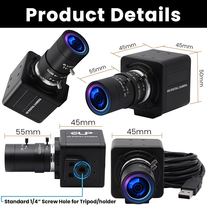 8MP USB Camera – 10X Optical Zoom [5-50mm Varifocal CS Lens] | 3264×2448 Resolution | Plug &amp Play for Raspberry Pi/Windows/Linux
