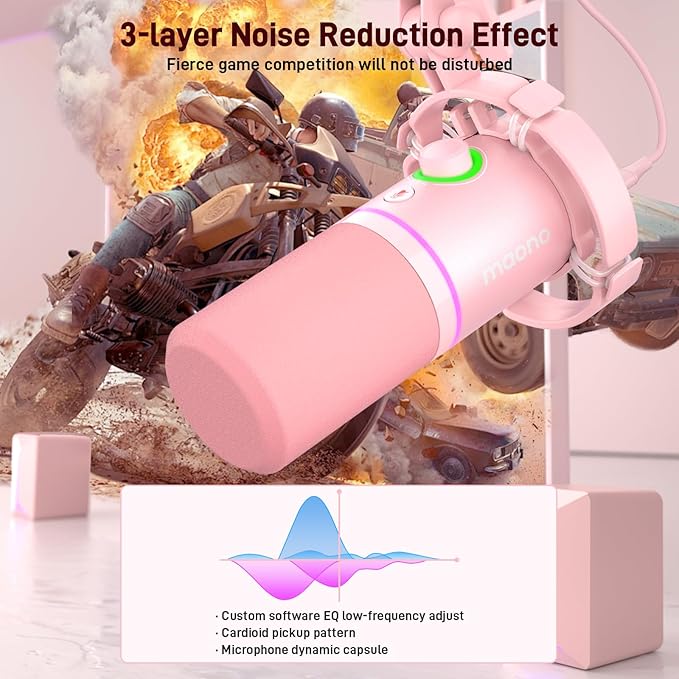 MAONO XLR/USB Dynamic Microphone Kit RGB Gaming Mic with Software Mute Gain Knob Volume Control Boom Arm for Streaming Podcasting Voice-Over Recording-PD200XS Pink