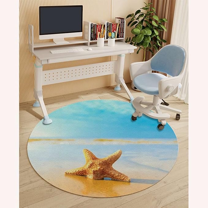 Yellow Blue PU Leather Computer Chair Mat for Rolling Chair Fish Scallop Seashell Earth Under Desk Low-Pile Office Rug Large Anti-Slip Multi-Purpose Nautical Theme Diameter 47.2 in