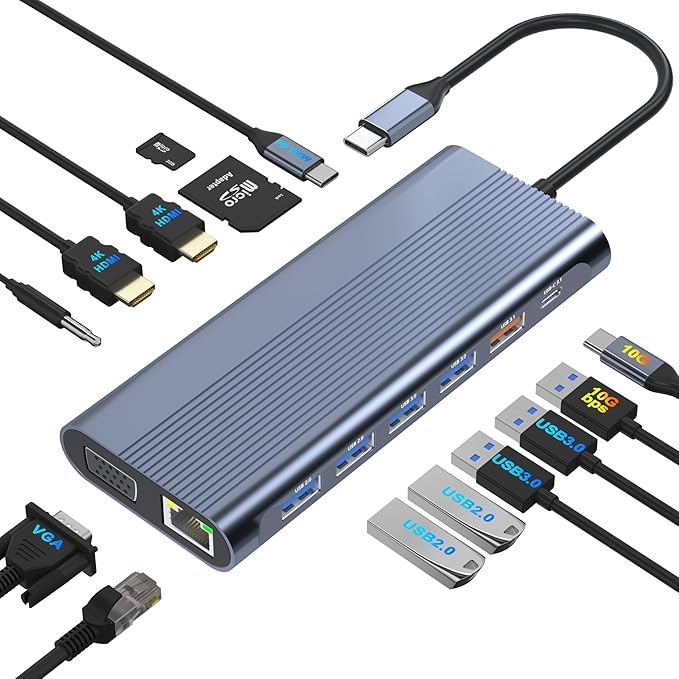 USB C Docking Station Dual Monitor for Dell/HP/Lenovo/Mac Laptop Dual HDMI Adapter for 2 Monitors 14 in 1 Laptop Docking Station Dual Monitor with 10Gbps USB/HDMI/VGA/PD/Ethernet/SD/TF/Audio/Mic