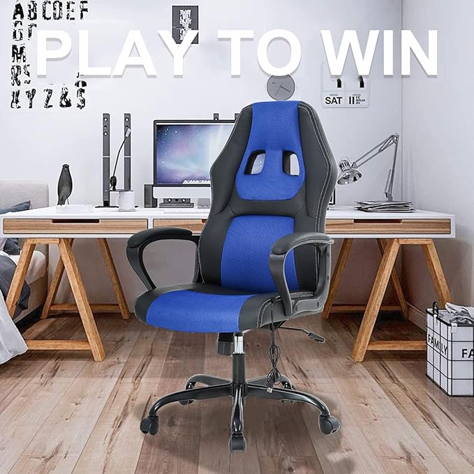 Gaming Chair Massage Office Chair Ergonomic Video Game Chairs Adjustable Reclining Computer Chair with Lumbar Support Armrest Headrest Task Rolling Swivel Chair Game Chair for Adult Teen Blue