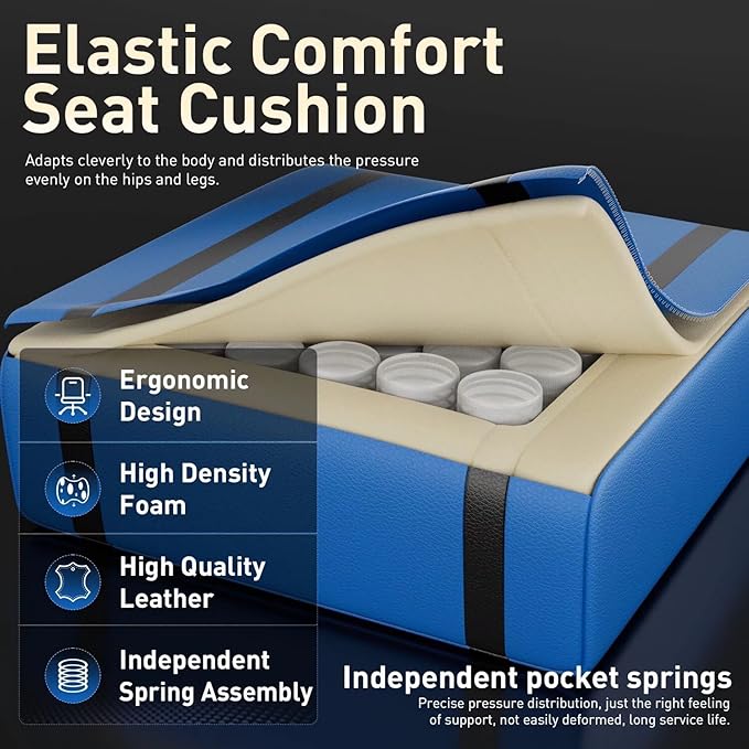 HLDIRECT Gaming Chair Ergonomic Video Game Seat with 360° Swivel &amp Lumbar Massage Computer Chair PU Leather Cushion for Adults Home/Office Use (Black &amp Blue)