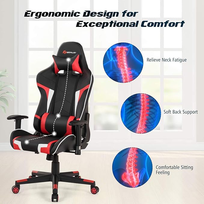 Goplus Gaming Massage Office Chair High Back PU Leather Adjustable Arms Headrest Ergonomic Reclining Racing Chair Rolling Swivel Executive Computer Chair