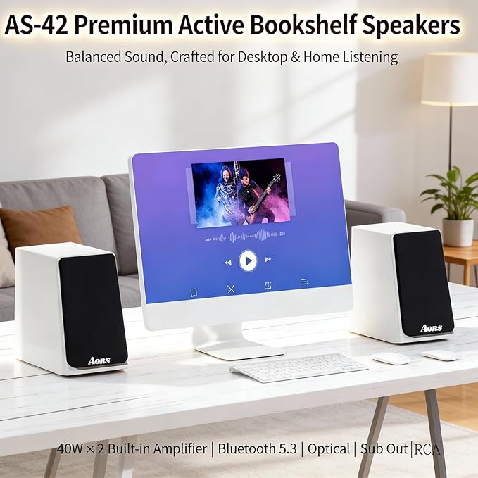 Active Bookshelf Speakers for TV &amp Desktop – Powered Stereo Bluetooth 5.3 Speaker with Optical &amp RCA Inputs Subwoofer Output Modern Wooden Design(AS-42 White)