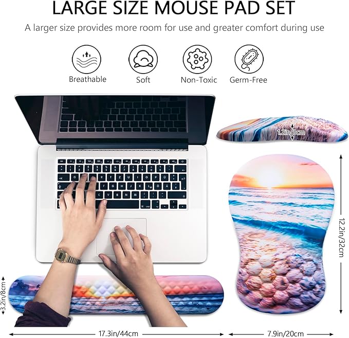 Mouse Pad Wrist Support Laokiiy 2 in1 Keyboard Wrist Rest+ Ergonomic Mouse Pad Non-Slip Wrist Rest for Computer Keyboard Made Easy Typing &amp Relieve Wrist Pain(Sunrise Beach)