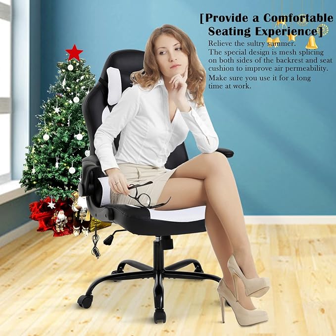 Massage Gaming Chair for Adults PC Silla Gamer Cheap Game Ergonomic Desk with Headrest Lumbar Support High Back Video Chairs Kids Ages 8-12 White 1