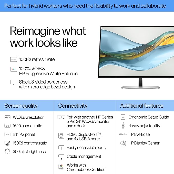 HP Series 5 Pro 24 100Hz 300 Nits WUXGA IPS Monitor Anti Glare Flicker Free VESA Mount (100mm) Adjustable Tilt Swivel Pivot &amp Dockztorm USB Port Expander Black/Silver Color 2 Pack