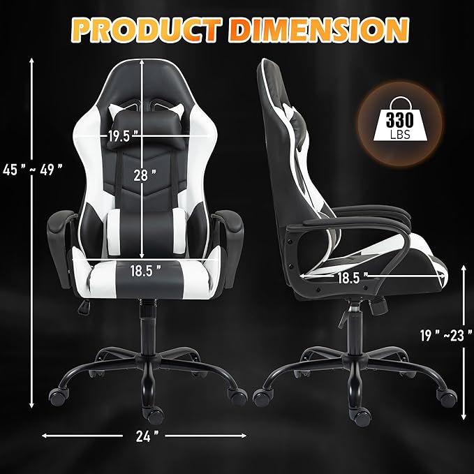 ECOTOUGE Gaming Chair for Boys Ergonomic Computer Gamer Chair with Massage Lumbar Support &amp Rocking High Back 360° Swivel Video Game Chair for Gaming or Office Height Adjustable (White)