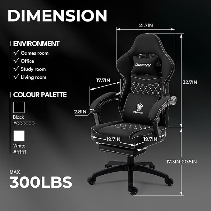 Dowinx Gaming Chair Breathable Fabric Game Chair with Gel Pad and Storage Bag Comfortable Gamer Chair with Pocket Spring Cushion Ergonomic Computer Chair with Footrest Black