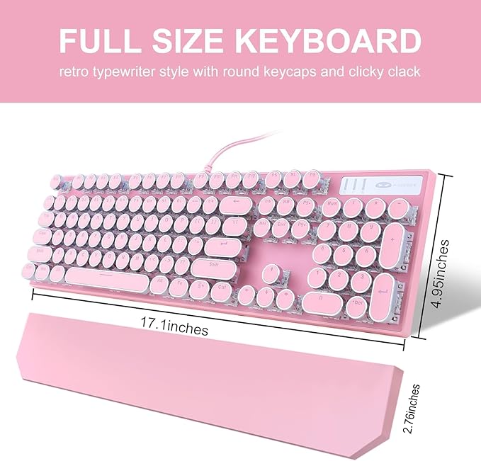 Camiysn Typewriter Style Mechanical Gaming Keyboard Pink Retro Punk Gaming Keyboard with White Backlit 104 Keys Blue Switch Wired Cute Keyboards Round Keycaps for Windows/Mac/PC