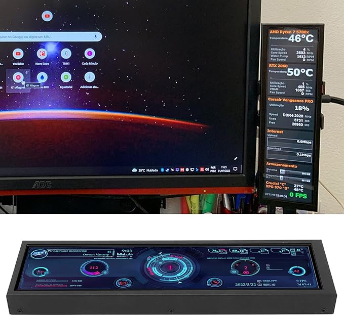 Dpofirs 8.8 Inch CPU Hardware Temperature Monitor External Expansion Display PC Temp Monitor 1920x480 60Hz for AIDA64 PC Sensor Panel Display CPU GPU SSD Data Temperature Monitor 8.8 inch Black